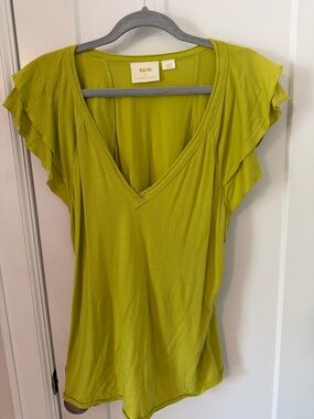 Anthropologie Lime Green Ruffle Sleeve V-Neck Tank